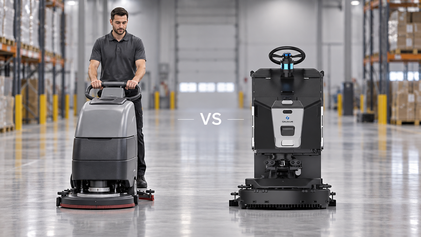 Illustrative comparison of an operator using a traditional scrubber and a Gausium Scrubber 75 in a warehouse