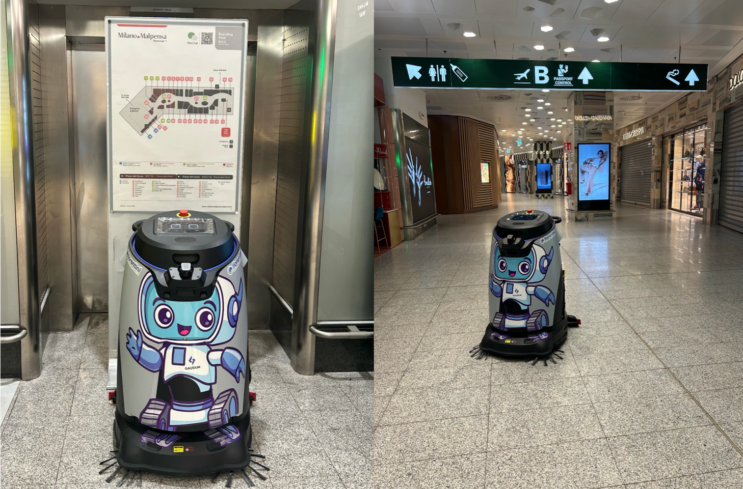 Gausium Omnie cleaning robot operating at Milan Malpensa Terminal 1.