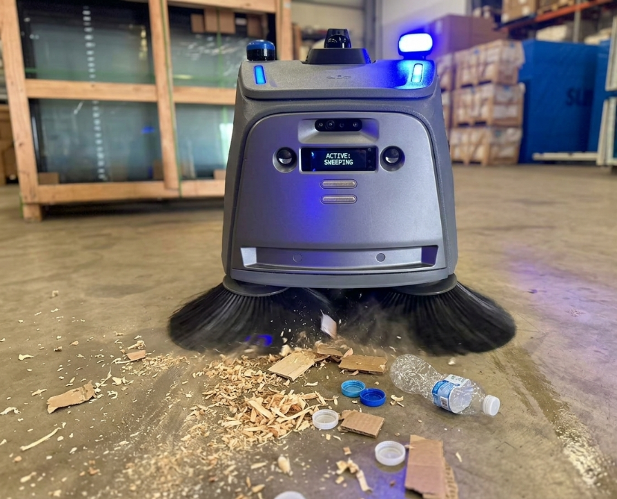 Front view of Beetle sweeping towards cardboard, wood fragments and plastic items